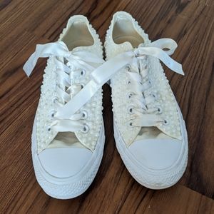 Custom White Converse with Pearls and Ribbon